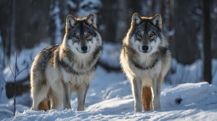 Naklejka premium Two majestic wolves standing in a snowy winter forest landscape.