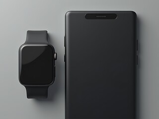 Matte black smartphone and smartwatch mockup .