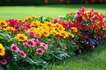Bright cheerful flower bed of yellow, pink and red blooms edged by a neatly trimmed green lawn in sunlight