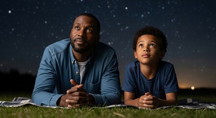 Stargazing African American Father and Son Lying on Grass Under Starry Night Sky