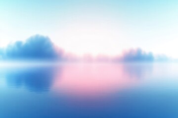Obraz premium Misty pastel sunrise over a calm lake with blurred tree silhouettes and soft reflections, tranquil and serene atmosphere
