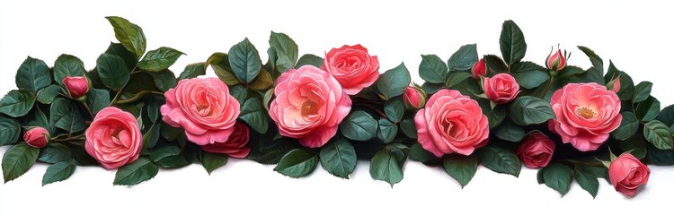 Naklejka premium horizontal garland of pink roses and buds with lush green leaves on white background, elegant romantic and delicate floral arrangement