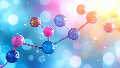 Abstract molecular structure with pink and blue spheres and bokeh lights molecule