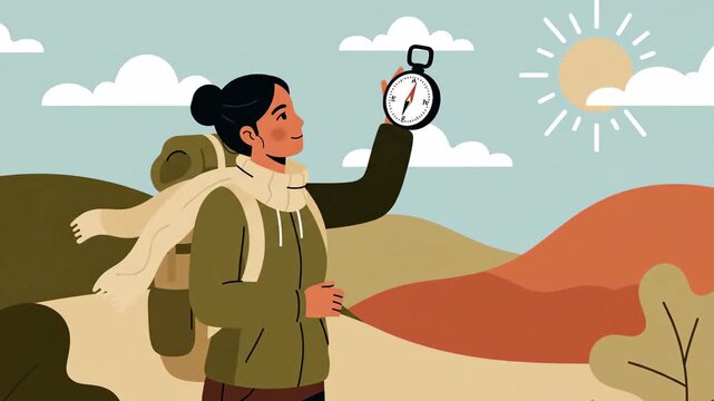 Woman Hiker Uses Compass to Navigate Through Mountains in Scenic Illustration Art