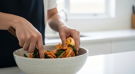 Kimchi Mixing by Hands in Bright Modern Kitchen