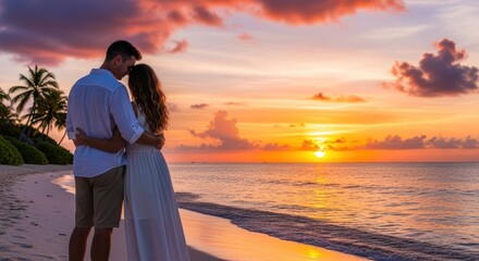 A couple embracing on a beach at sunset, with palm trees and a vibrant sky.