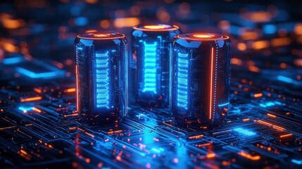 three glowing blue and orange energy cores on a dark circuit board, futuristic neon ambience and intense high-tech atmosphere