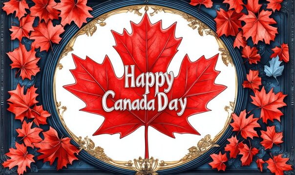 Large red maple leaf with text reading Happy Canada Day inside an ornate gold oval frame, surrounded by scattered red maple leaves on a dark decorative background, festive patriotic joy - Powered by Adobe