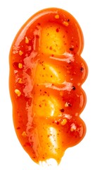 Glossy, textured chili sauce smear with visible spices against a white background
