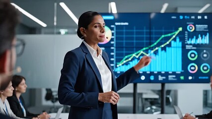 A confident Indian businesswoman delivers a dynamic presentation in a modern corporate boardroom, showcasing financial growth and data analysis on a large interactive digital screen to her attentive . - Powered by Adobe