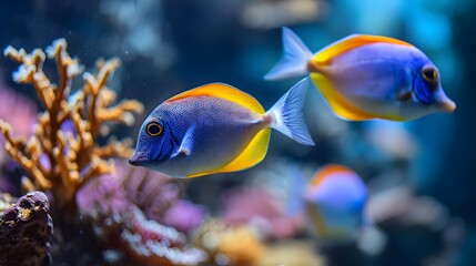 Obraz premium Two Powder Blue Tangs Swimming in a Coral Reef.