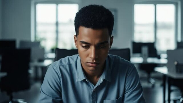 Young African American Businessman in Office Looking Thoughtful During Work Hours