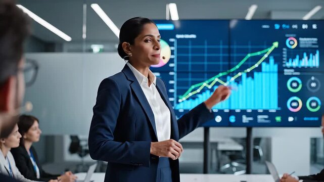 A confident Indian businesswoman delivers a dynamic presentation in a modern corporate boardroom, showcasing financial growth and data analysis on a large interactive digital screen to her attentive .