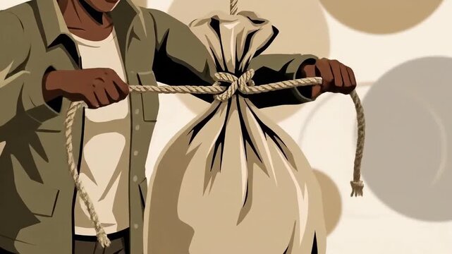 Woman Securely Fastening Bag, Illustrating The Process Of Tying And Securing Cargo
