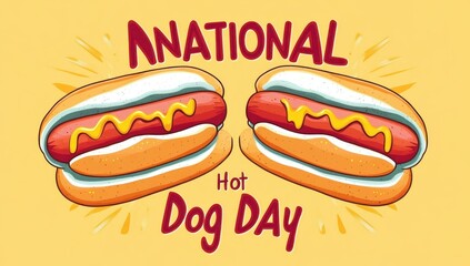 Two cartoon hot dogs with mustard and creamy topping in buns under bold red banner on a bright yellow background, playful festive celebratory poster