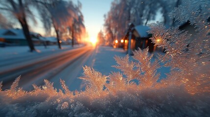  Frost Crystals on Window Overlook Snowy Street at Sunset, Winter Landscape Scene, Snow Covered Houses & Trees.