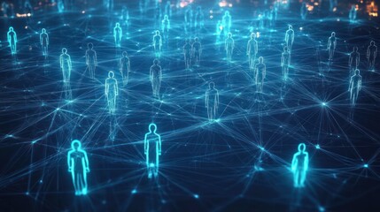 Glowing blue human silhouettes standing across a dark field of luminous nodes and interconnecting lines, evoking a futuristic feeling of digital connectivity and collective presence