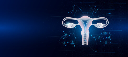 Health care medical. Human uterus organ hologram transparent in the ring line with icon digital medical technology. On dark blue background. Science banner vector.