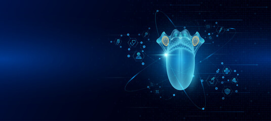 Health care medical. Human tongue organ hologram transparent in the ring line with icon digital medical technology. On dark blue background. Science banner vector.