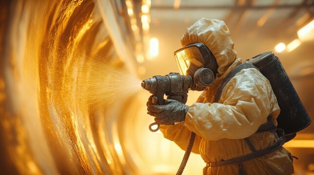 Focused worker in yellow hazmat suit and respirator spraying abrasive material inside a large curved metal pipe with golden spray and warm industrial light