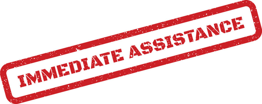 Textured rectangular rubber stamp indicating immediate assistance is required, suitable for support service notifications