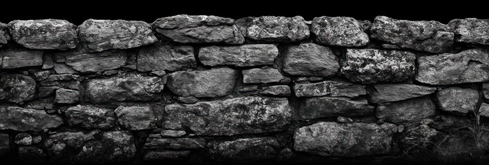 moody monochrome dry stone wall of rough weathered stones with lichen patches and sparse grass, sturdy rustic boundary in a panoramic horizontal view
