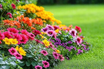 Obraz premium vibrant border of pink, yellow, orange and purple flowers blooming beside a neatly trimmed green lawn, creating a cheerful summer garden scene