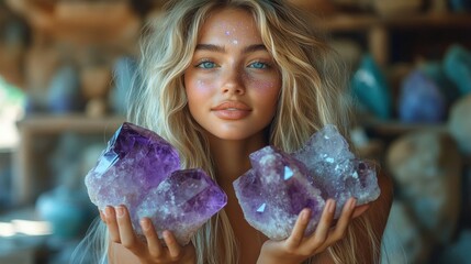Person with long blonde hair holding two large purple amethyst crystal clusters in hands in a warm cozy shop setting, serene joyful feeling