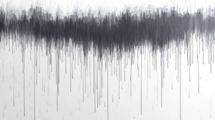 monochrome abstract composition with a dense horizontal gray band and countless thin vertical paint drips falling on a pale background, somber and contemplative