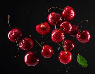 Glossy, vibrant red cherries, some halved, with stems and water droplets on a black background