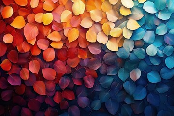 vibrant layered leaves forming a warm red-orange to cool blue gradient, evoking calm harmonious seasonal transition and textured abstract pattern