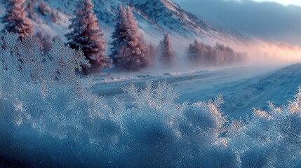  Winter Landscape with Snow-Covered Pines, Misty Road, Mountain Backdrop and Ice Crystals, Nature.