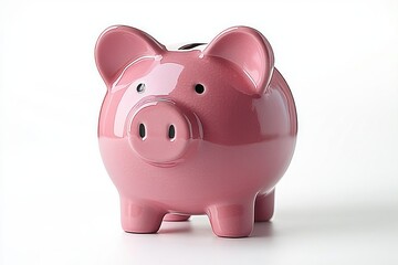 glossy pink ceramic piggy bank with coin slot on white background, playful hopeful symbol of saving
