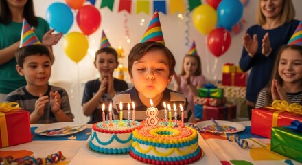 A young boy blowing out candles on a birthday cake at a party.