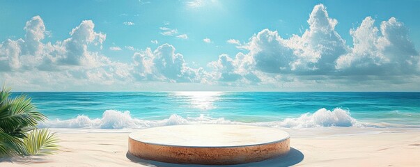 round stone pedestal on a white sandy beach with palm leaves, turquoise ocean, gentle waves and fluffy clouds under a bright sunny sky, peaceful and serene