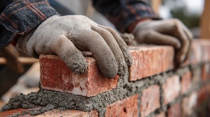 Close-up of gloved hands carefully laying a red brick, smoothing mortar for a building project. Focus on skilled craft