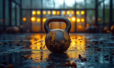 Solitary rusted kettlebell on a rain-wet gym floor with glowing amber lights and reflections, moody gritty atmosphere of focus and resilience