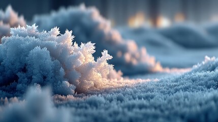  Close-up of Ice Crystals on a Field in a Cold Environment, with Sunrise Glow, Abstract Winter Scenery.