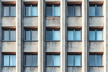 Fototapeta premium symmetrical concrete building facade with twelve recessed rectangular windows, blue blinds and weathered surfaces conveying an austere, repetitive mood