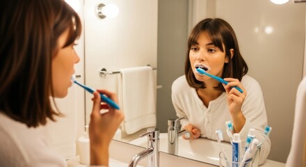 A woman brushing her teeth in front of a bathroom mirror.