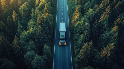 Aerial view of a lone cargo truck driving on a straight two-lane road through dense green forest at golden hour, evoking solitude and steady journey