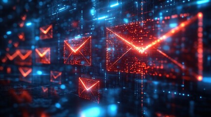 Futuristic glowing red envelope icons floating through a blue digital circuit grid conveying urgent electronic messages and dynamic data flow