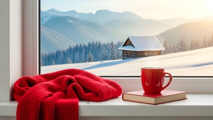 Cozy winter scene with red sweater and cup on a book by the window with snowy landscape outside and mountains in the background