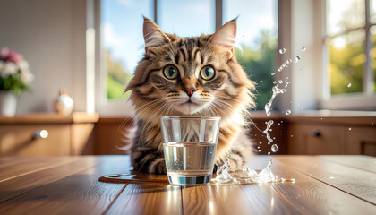 Curious Tabby Cat Sitting at Kitchen Table with Water Glass