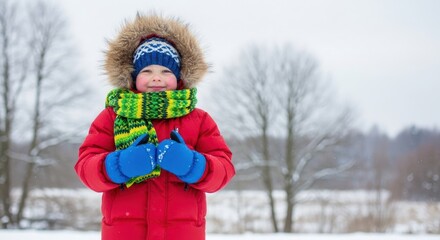 A young child in a red coat and blue hat, standing in a snowy field with trees in the background.