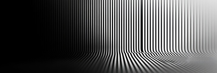 Minimal black and white interior with repeating vertical stripes curving onto the floor, creating a hypnotic, contemplative optical wave and stark contrast