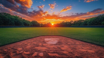 sunset over empty baseball field with home plate in foreground, lush green outfield, treeline and dramatic colorful clouds creating a peaceful, hopeful mood