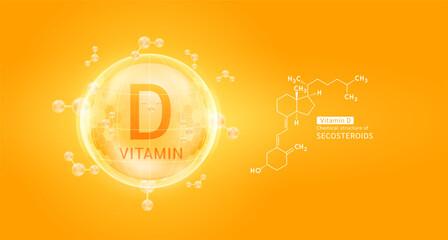 Orange vitamin D complex solution in hexagonal dome with molecules. Chemical structure of Secosteroids. For cosmetic products ads or supplement. Medical health care skin protection. Vector EPS10.