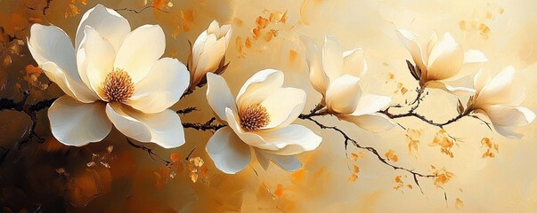 cream magnolia blossoms on a delicate dark branch with scattered petals against a warm golden textured background, serene and elegant