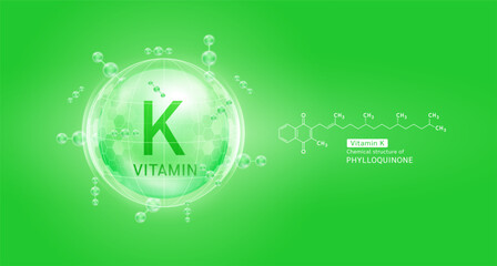 Green vitamin K complex solution in hexagonal dome with molecules. Chemical structure of Phylloquinone. For cosmetic products ads or supplement. Medical health care skin protection. Vector EPS10.
